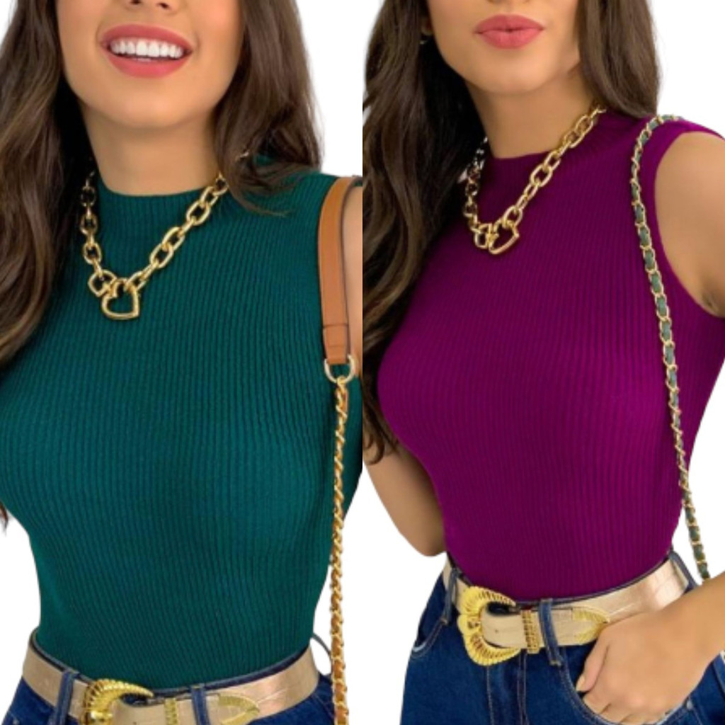 Kit 2 Blusas de Tricô Feminina Manga Curta Regata Gola Alta Garrafinha Estilosa Elegante da Moda