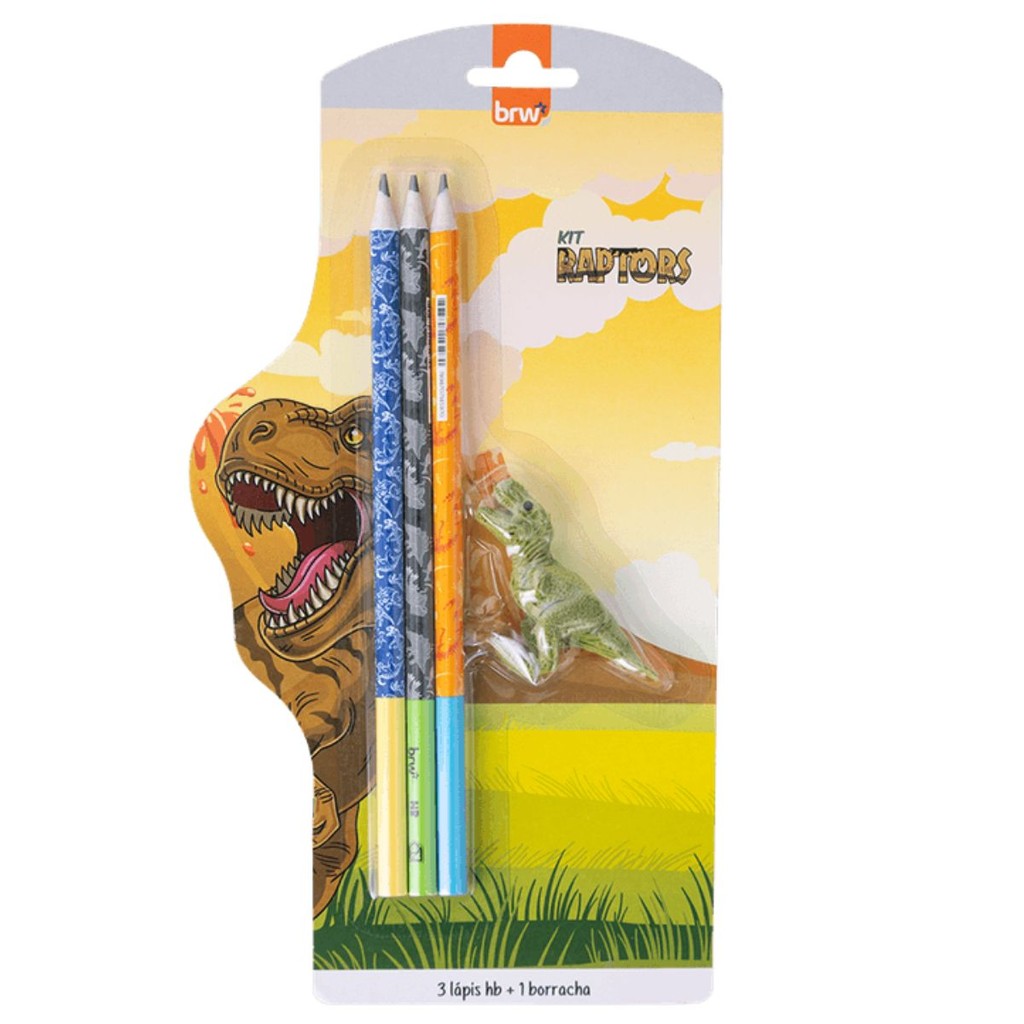 Kit Escolar Escrita Dinossauro 3 Lapis Preto Grafite HB e 1 Borracha Tiranossauro Rex Divertida BRW