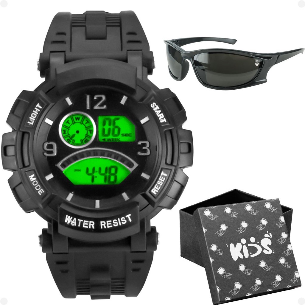 relogio infantil digital preto silicone + caixa + oculos sol menino alarme adolescente praia verão