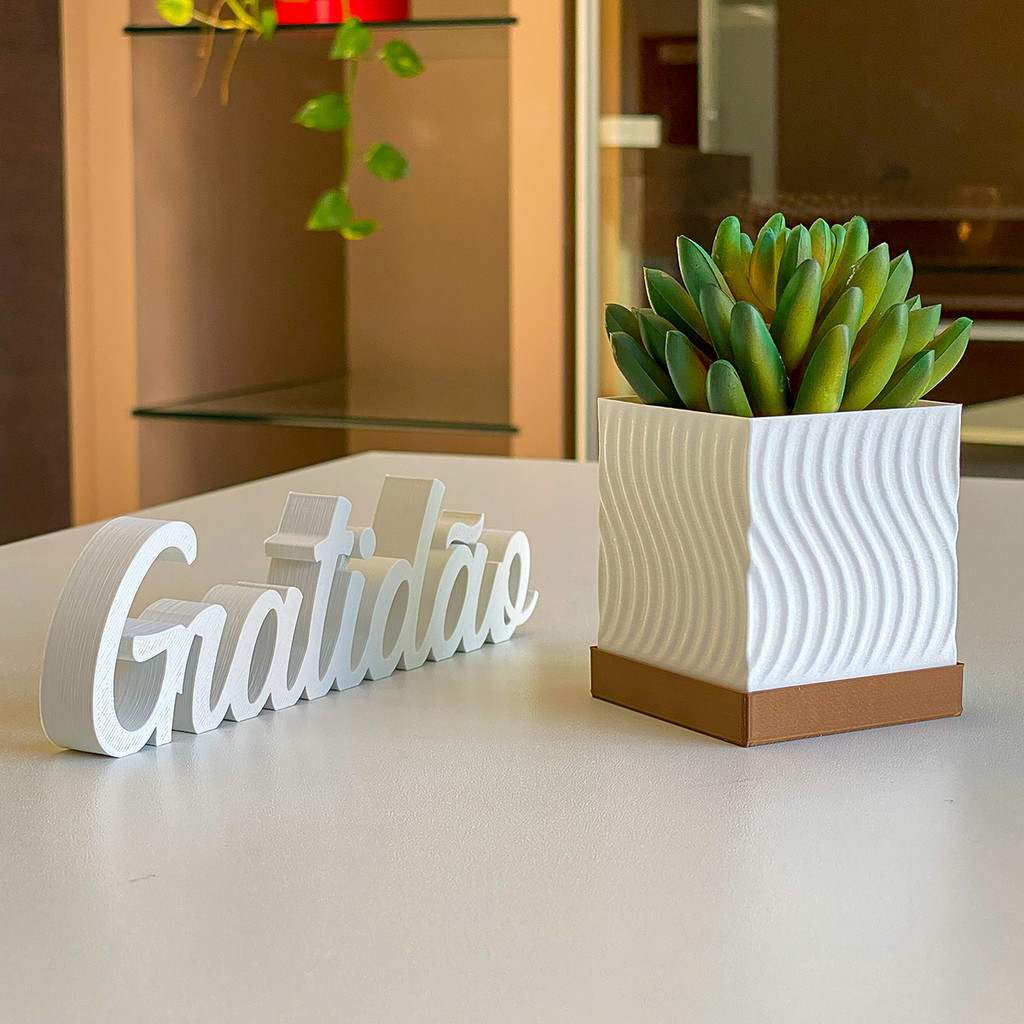 Vaso Cachepot com Palavra Gratidão Textura Ondulada Decoração Moderna Banheiro Sala de Estar Plantas