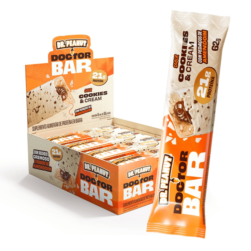 Barra De Proteína Doctor Bar Caixa Com 8 Unidades de 62g Dr.Peanut Cookies & Cream - Food & Beverages