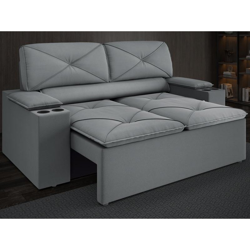 Sofá com Porta Copos Retrátil e Reclinável Pop 1,54m Velosuede Grafite - NETSOFAS