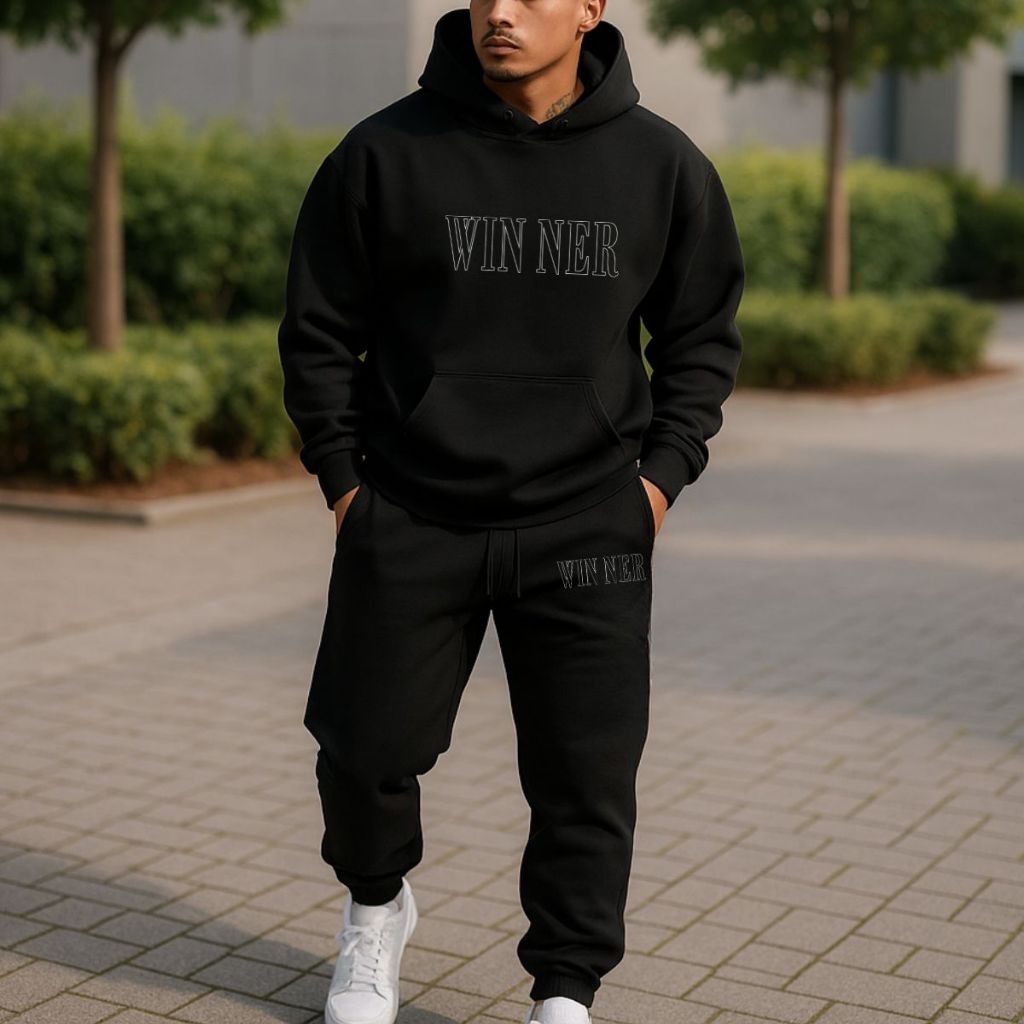 Conjunto De Moletom Flanelado Blusa De Frio Capuz+Calça Jogger Estilo Streetwear Confortável Vencedor Motivacional