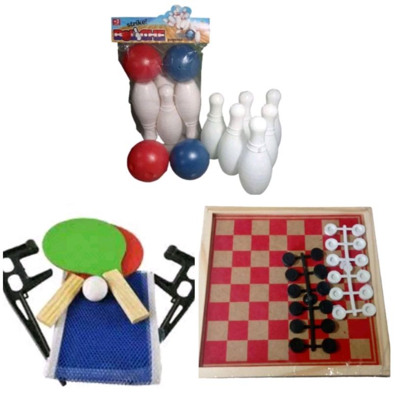 KIT REDE DE TENIS DE MESA E 2 RAQUETE  PING PONG+Mini Boliche Infantil 6 pinos 16 cm  e duas bolas+JOGO DE DAMA 28x28 CM
