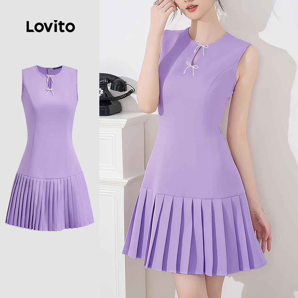 Lovito Vestido Casual liso com fivela de strass e laço frontal plissado para mulheres L132ED573 - Women Clothes