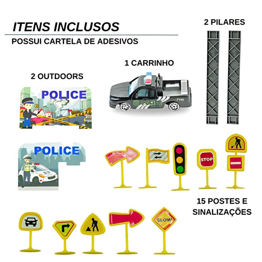 Maleta de Carrinho Infantil Brinquedo Desmontável Pista de Corrida Estação Policial