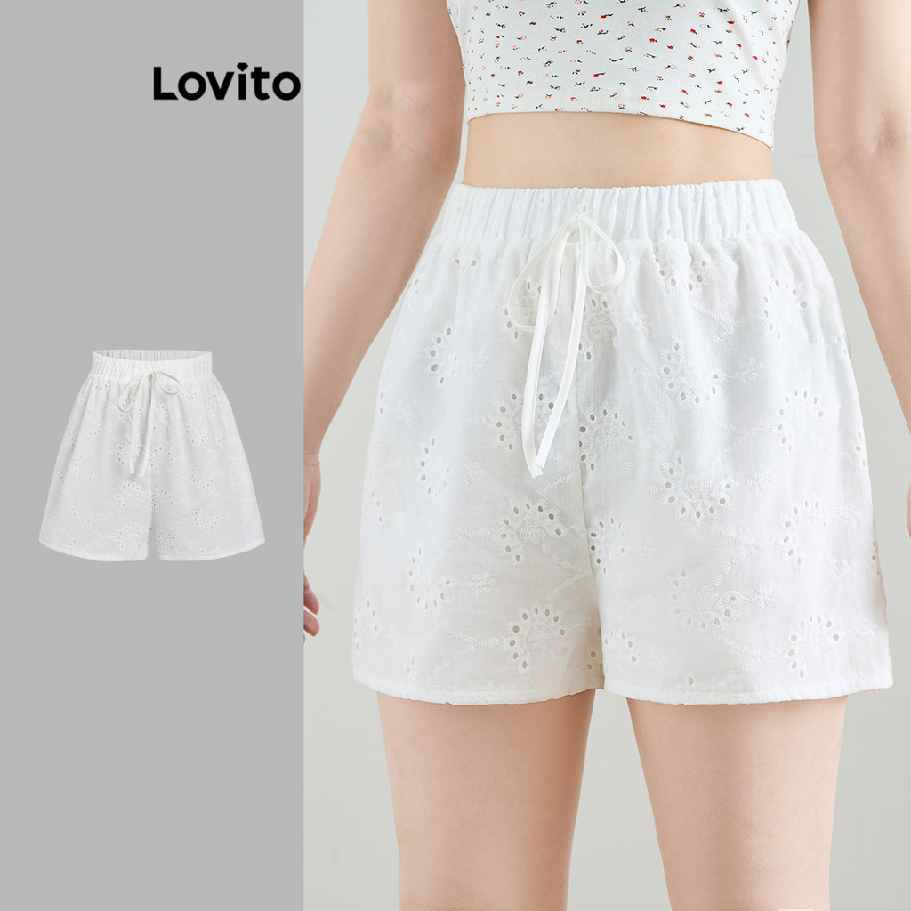 Lovito Shorts Casuais Com Bordado De Ilhós Com Cadarço, Shorts De Verão/Primavera Para Mulheres L113MD654 - Women Clothes