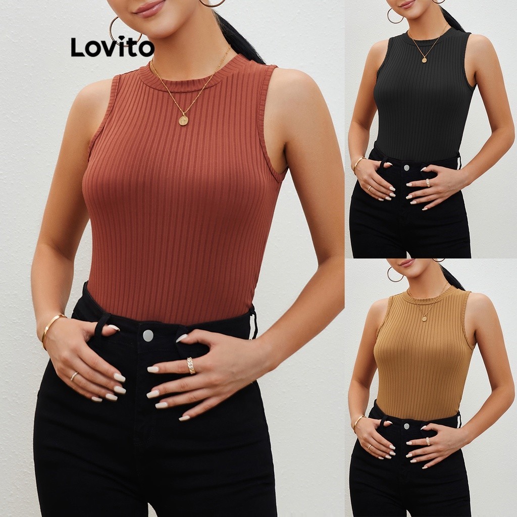 Lovito Regata Lisa Sem Mangas Com Gola Alta Regata Básica Para Mulheres L20D173 (Marrom/Preto/Cáqui) - Women Clothes