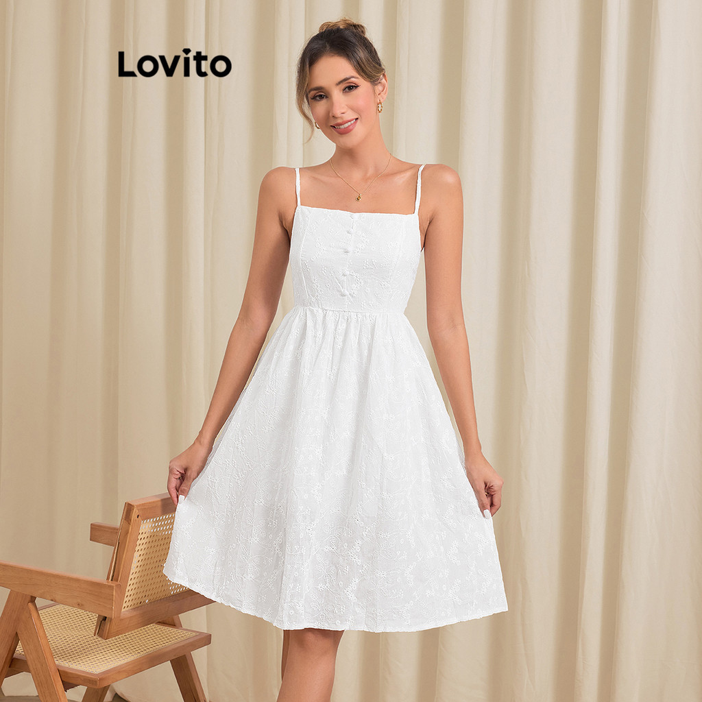 Lovito Vestido Boho Simples Ilhó Bordado Botão Frontal Sem Mangas Vestido Midi Linha A Para Mulheres LNE09196 (Branco) - Women Clothes