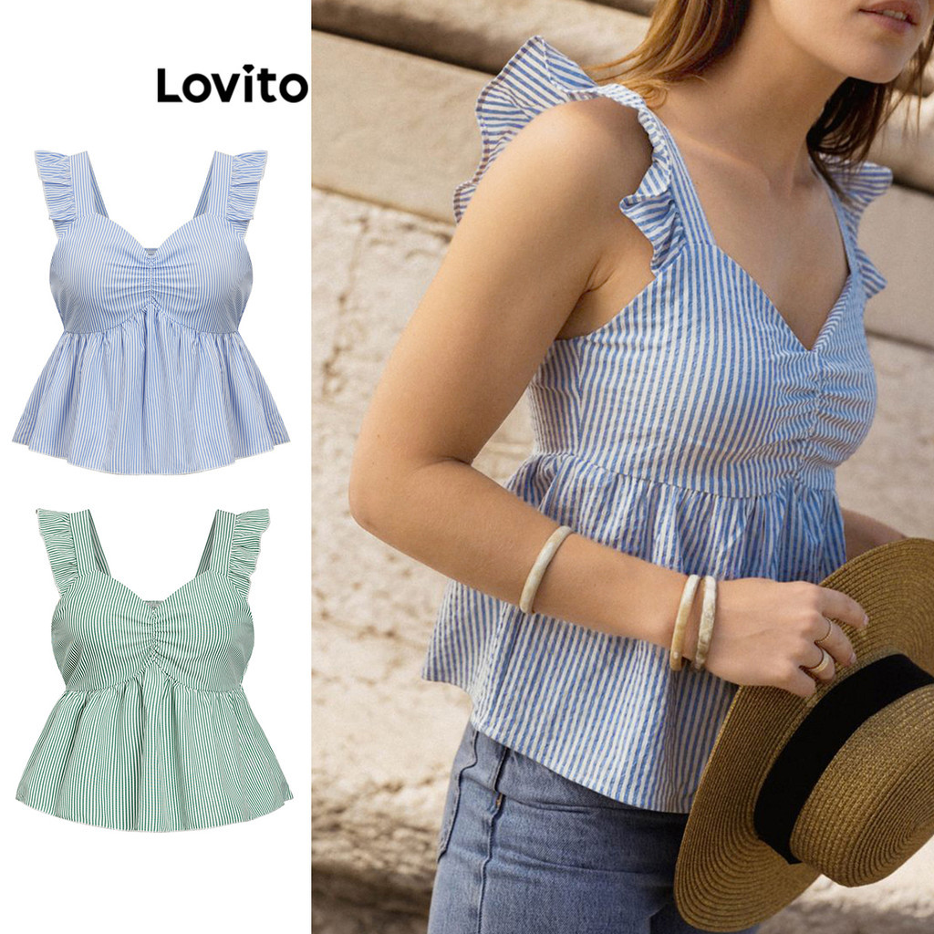 Lovito Regata Elegante Listrada Franzida Para Mulheres L86ED129 (Multicolorido) - Women Clothes