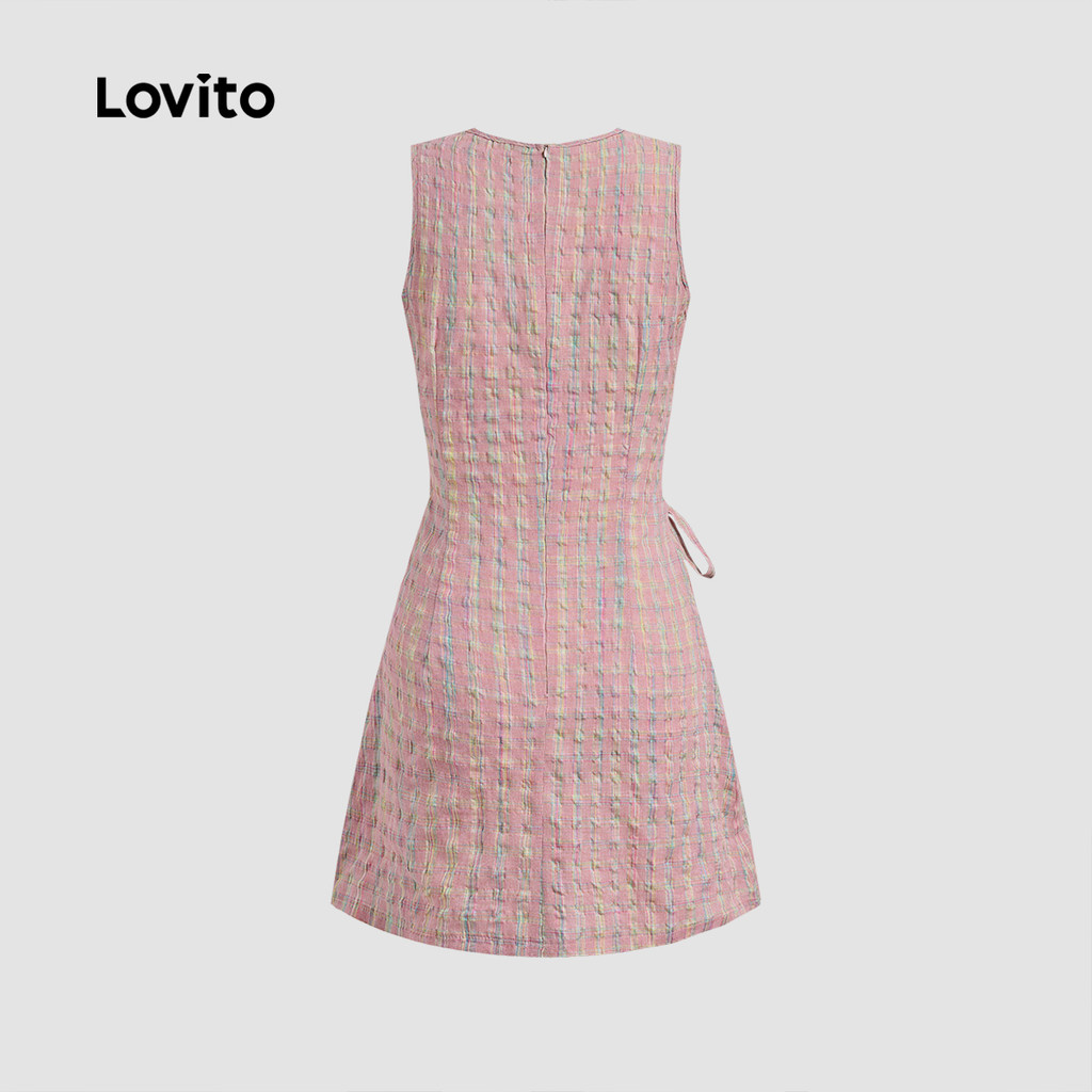 Detalhes do Lovito Vestido Casual De Guingão Com Gravata Frontal Para Mulheres L132ED986
