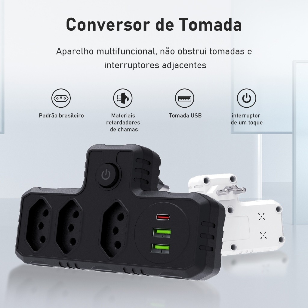 Adaptador de Extensão Portátil Universal com USB e Type-C - Conversor e Transformador de Tomada em Oferta na Shopee