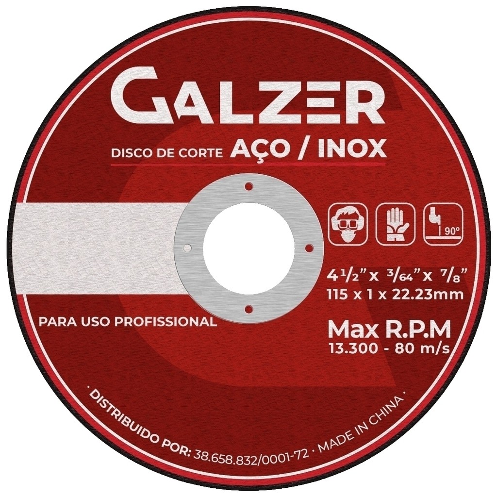 Disco de corte para Aço e Aço Inox 4 1/2" 115 x 1 x 22,23mm - Galzer
