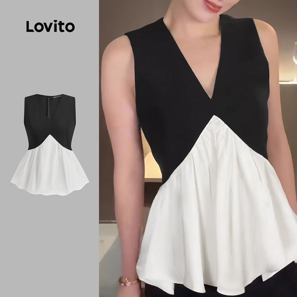 Lovito Regata feminina elegante com babados Colorblock liso e bainha L129ED252 - Women Clothes