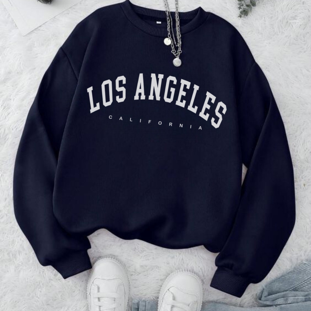 Moletom Feminino Gola Careca Flanelado Los Angeles em Oferta na Shopee