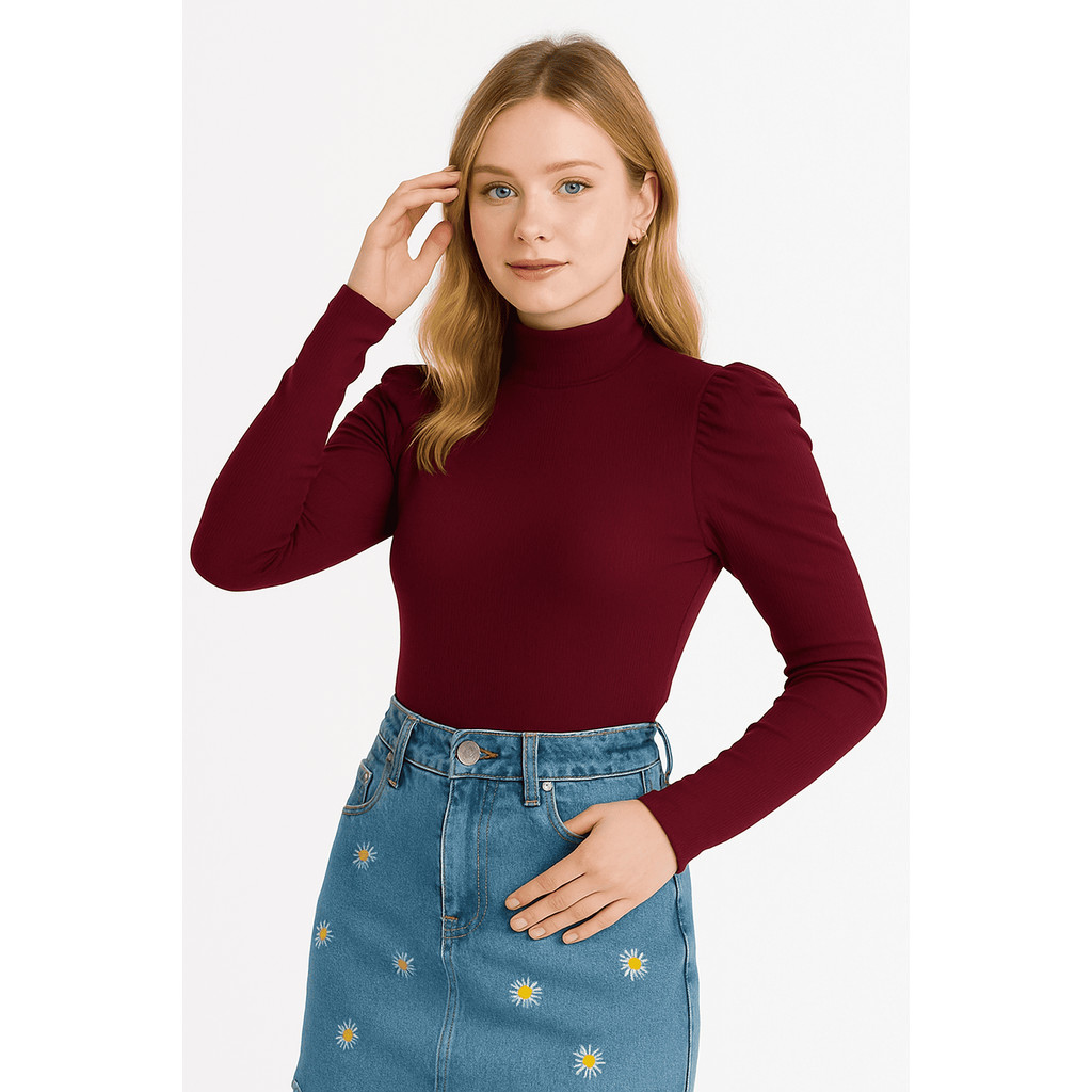 Blusa feminina lisa canelada manga longa princesa blogueira