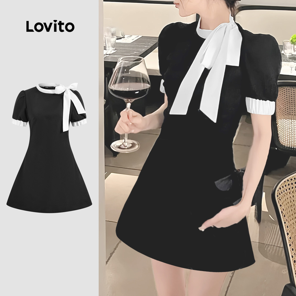 Lovito Vestido elegante com laço liso para mulheres L128ED640 - Women Clothes