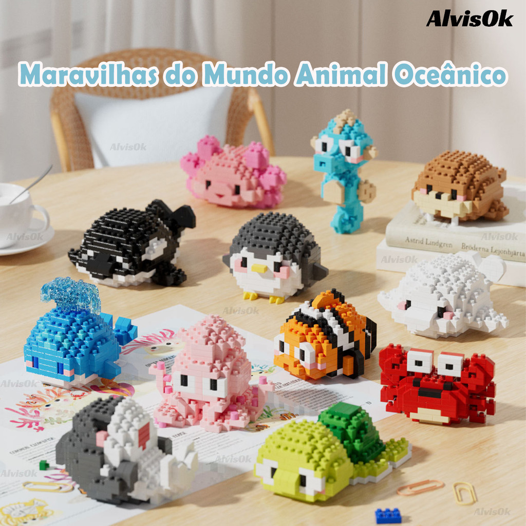 Blocos de Montar Mini Animais do Oceano – Para Crianças, Adultos e Lembrancinha de Aniversário