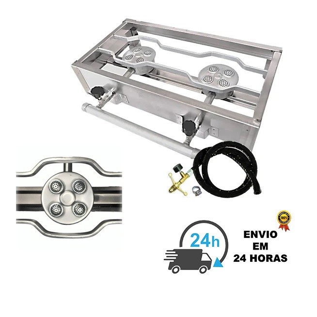 Fogão a Gás Em Inox Industrial Duas Bocas Para Churrasco Alta Pressão Chapa Chapeira Fogareiro