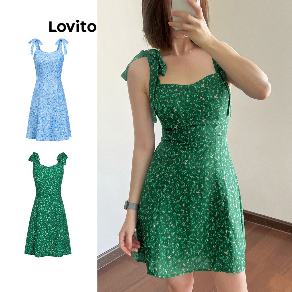Lovito Vestido Elegante Ditsy Floral Lace Up Padrão Vestido Plissado Para Mulheres L96MD099 (Multicolorido) - Women Clothes