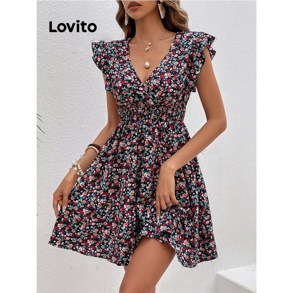 Lovito Vestido Boho Ditsy Vestido Floral Com Babados Para Mulheres LNL74501 - Women Clothes