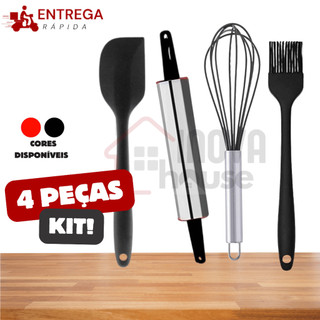 Kit 4 Utensílios para Cozinha Rolo de massa Inox Pincel de Silicone Espátula Pão Duro Batedor Foue Profissional