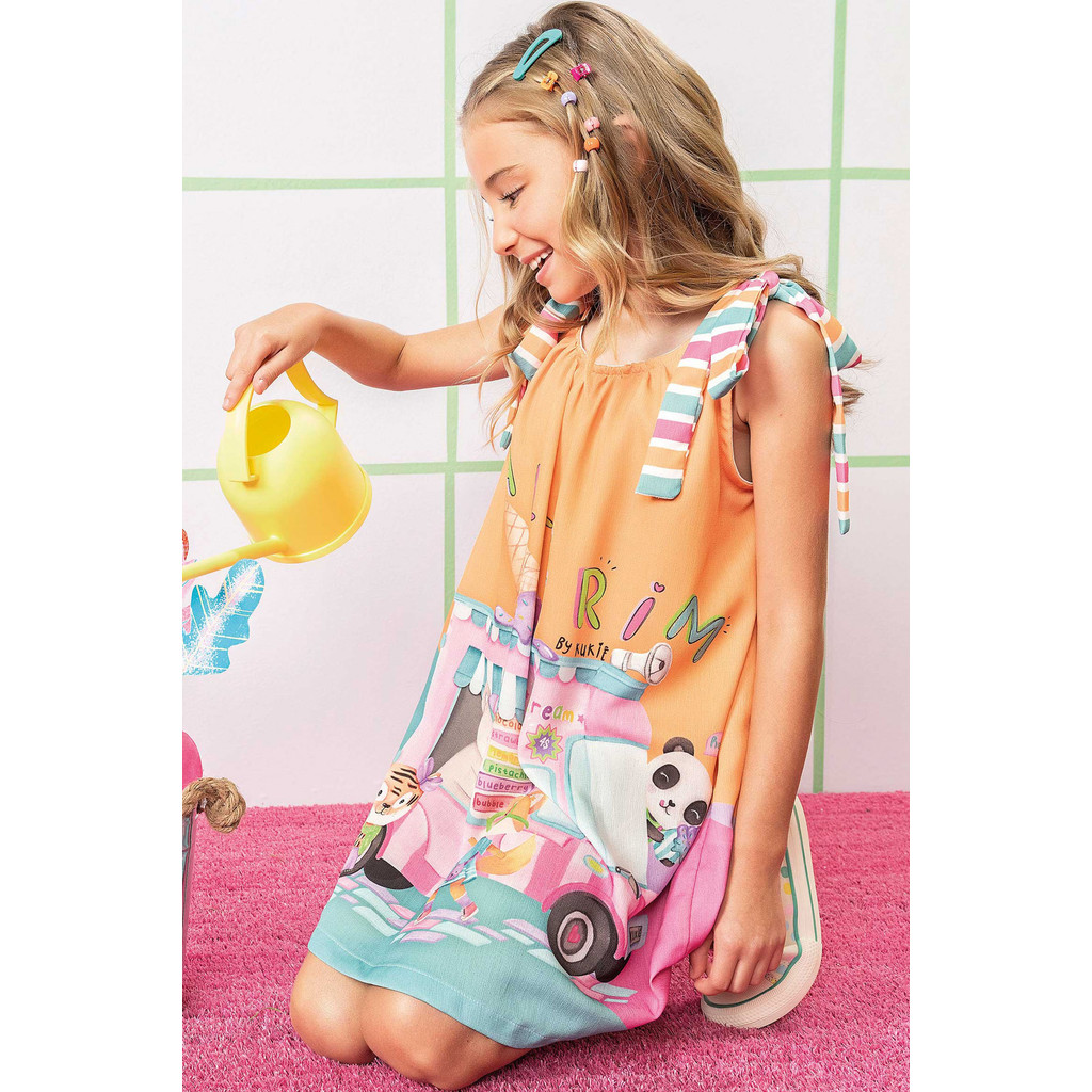 Vestido laranja dia dia estampado bichinho pricesa tirante kukie 8 a 12 anos