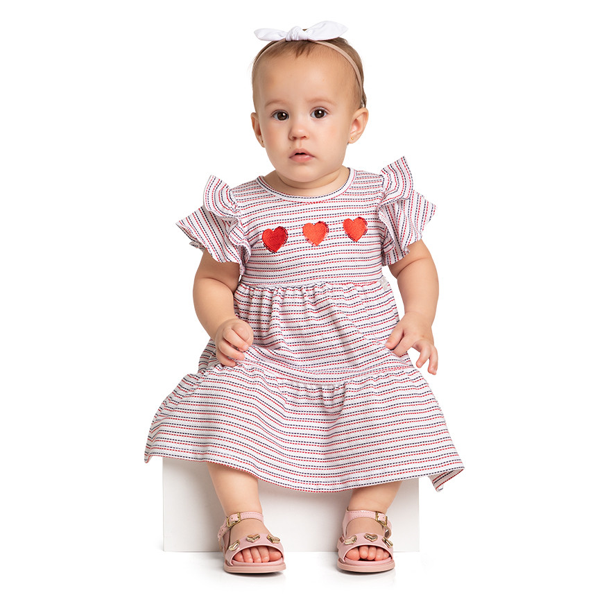 Vestido Bebê Marlan Listrado Bordado Coração em Oferta na Shopee