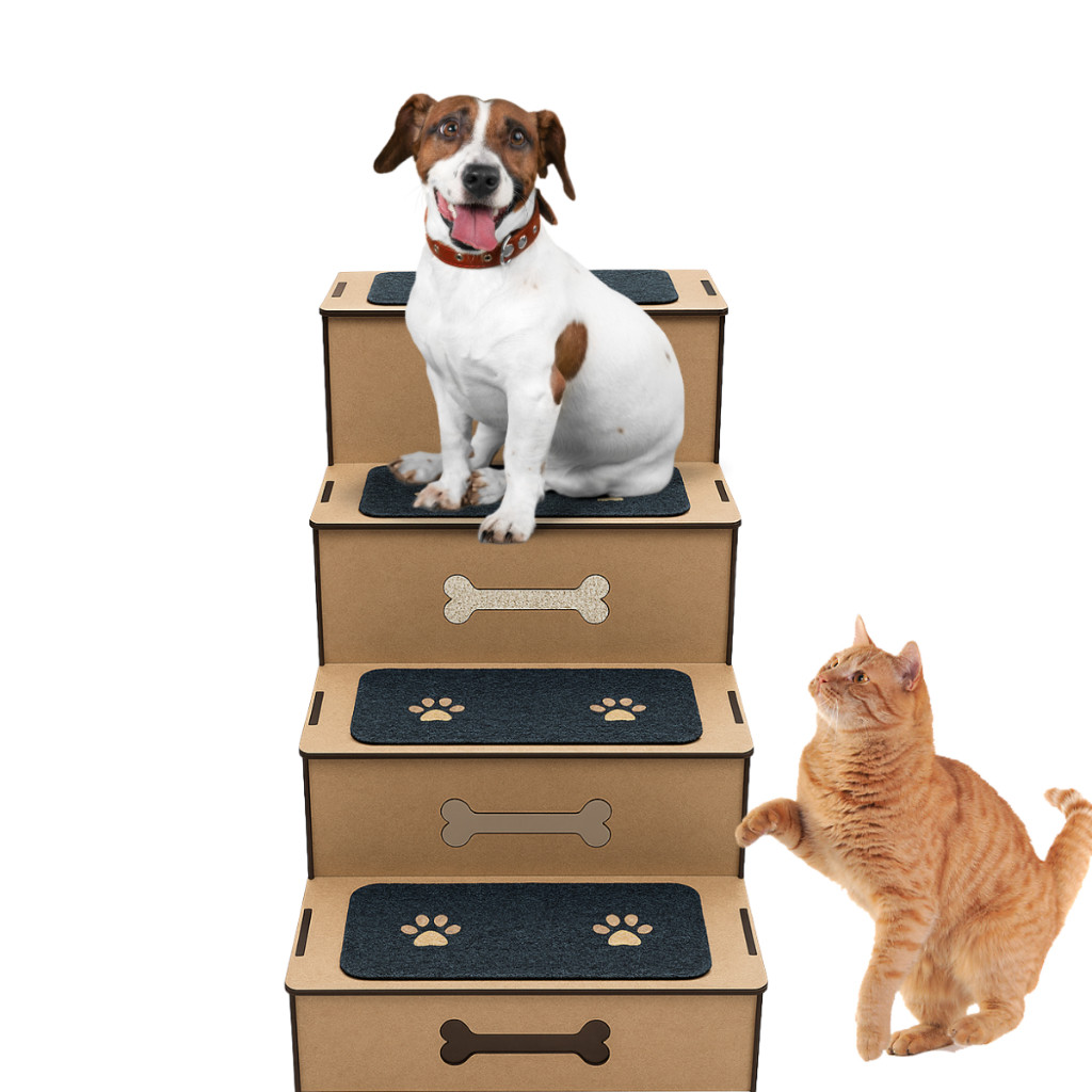Escada para Pets 4 Degraus | MDF e Carpete Antiderrapante | 60cm de Altura | Para Cães Pequenos e Gatos Domésticos em Oferta na Shopee