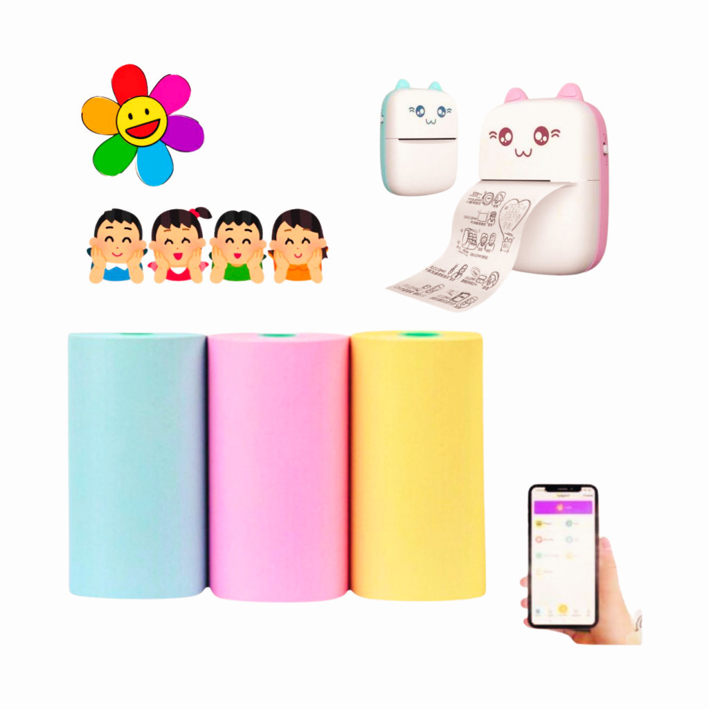Kit 3 Etiquetas Coloridas Adesivos  Continua Mini Impressora Tipo Gatinho