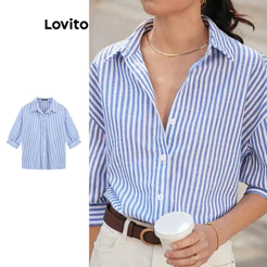 (LIVE STREAM SALE) Lovito Elegante Blusa de Algodão Botões de Listras e Colarinho para Mulheres L59ED052 (Multicolorido)