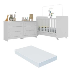 Berço 3 em 1 com Colchão Incluso Rodízios e Cômoda Chantilly Multimóveis MP4289