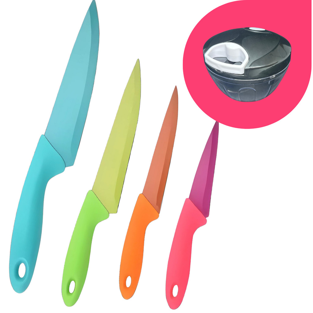 Kit De 4 Facas De Cozinha Aço Inox Coloridos + Processador de Alimentos 500ml Manual