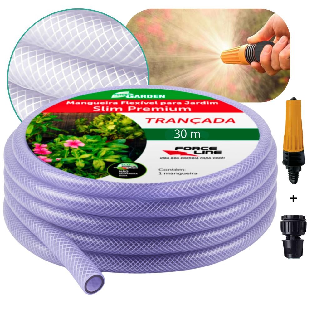 Mangueira Trançada 30m 3/8" Jardinagem Transparente com Engate e Esguicho Alta Pressão Force Line