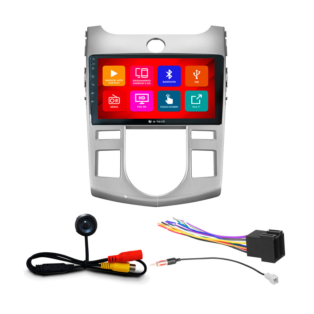 Kit Multimídia 9 Pol Cerato Ar Automático 2009 10 11 2012 Android Auto CarPlay Qa+ 2 Din Prata Espelhamento Android Ios