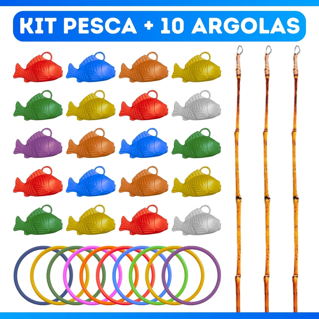 Kit Com 3 Varas De Pesca + 20 Peixes + 10 Argolas Jogo Festa junina - PROMOÇÃO