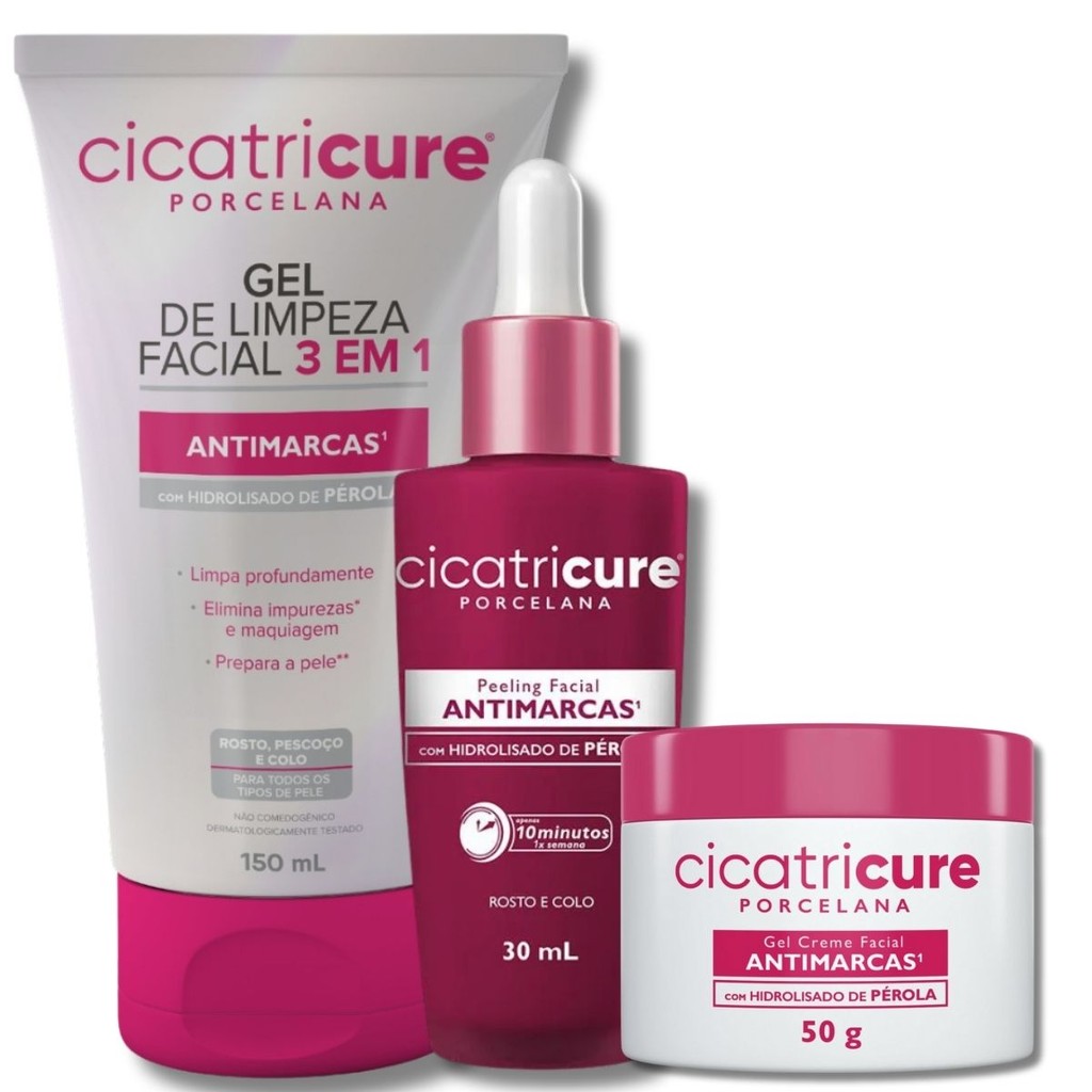 Kit Cicatricure Porcelana Clareador Facial e Peeling + Limpeza + Creme Antimarcas