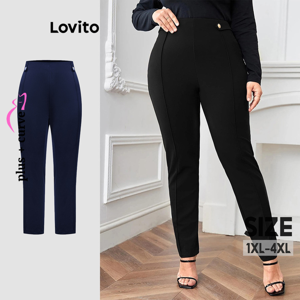 Lovito Calça Curva Plus Size Calça Elegante Com Botões Lisos Para Mulheres LBL12393 (Multicolorido) - Women Clothes