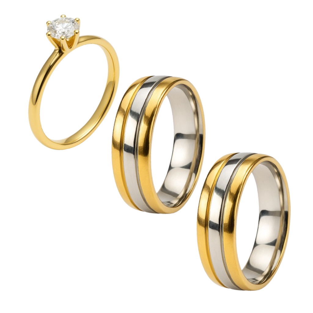 Par Anel Ouro 18k Noivados 6mm + Anel Solitário 2mm Zirconia Casamento Casal Tradicional Anatomica Tungstenio Alianca
