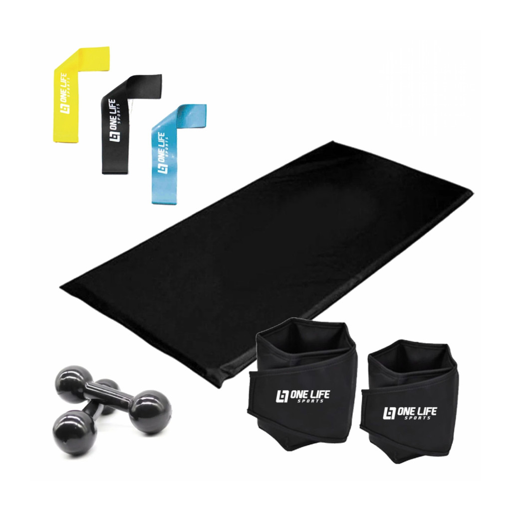 Kit Treino em Casa = Caneleira 5 Kg + Colchonete + Kit Mini Band + Peso 3 Kg