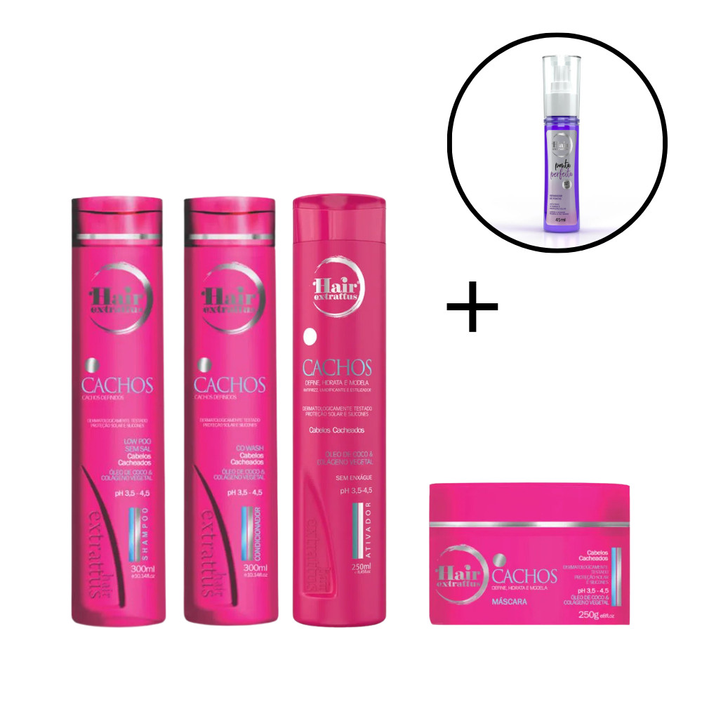 Kit Linha Cachos Shampoo,Condicionador, Ativador e Máscara de Cachos+Reparador Pontas hair Extrattus