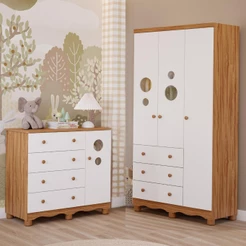 Quarto de Bebê Completo com Guarda Roupa 3 Portas Cômoda Bolinha 4 Gavetas 100% MDF