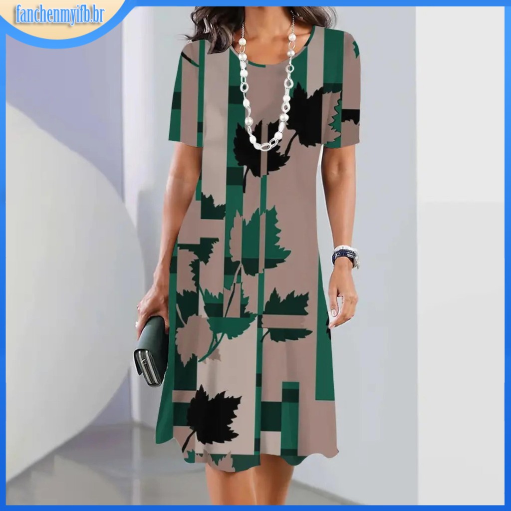 Vestido de verão de manga curta Impresso Boêmio de Praia para Senhoras de Meio Comprimento em Oferta na Shopee
