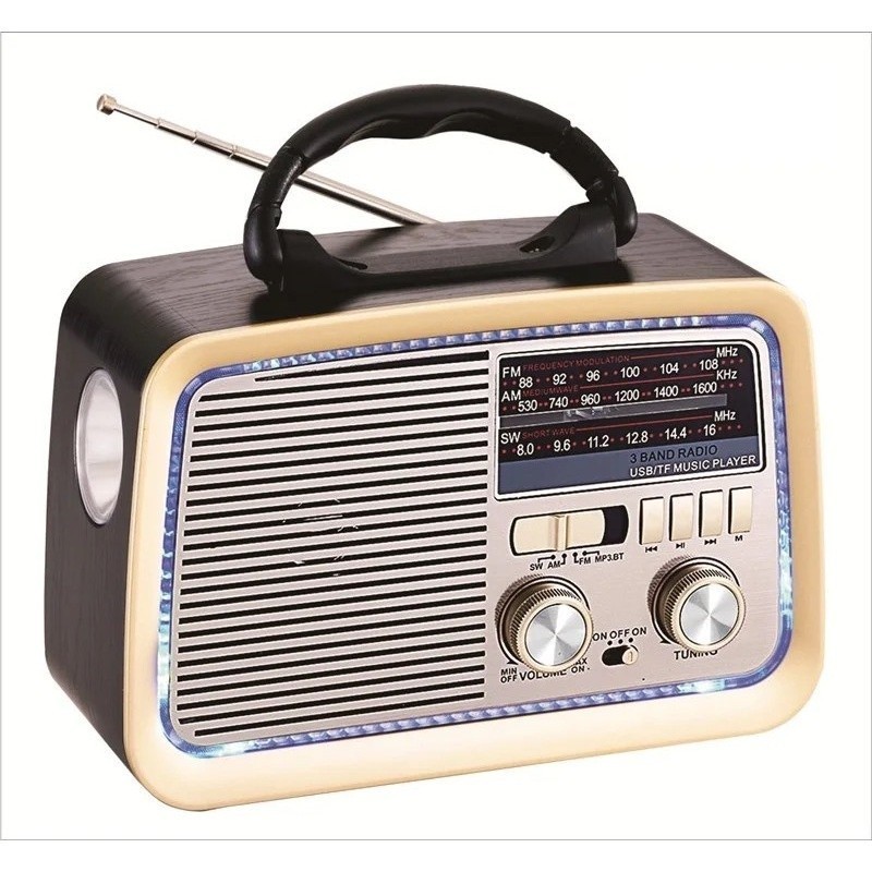Rádio Portátil Retro Recarregável Am/fm Bluetooth Lanterna Cor Marrom em Oferta na Shopee