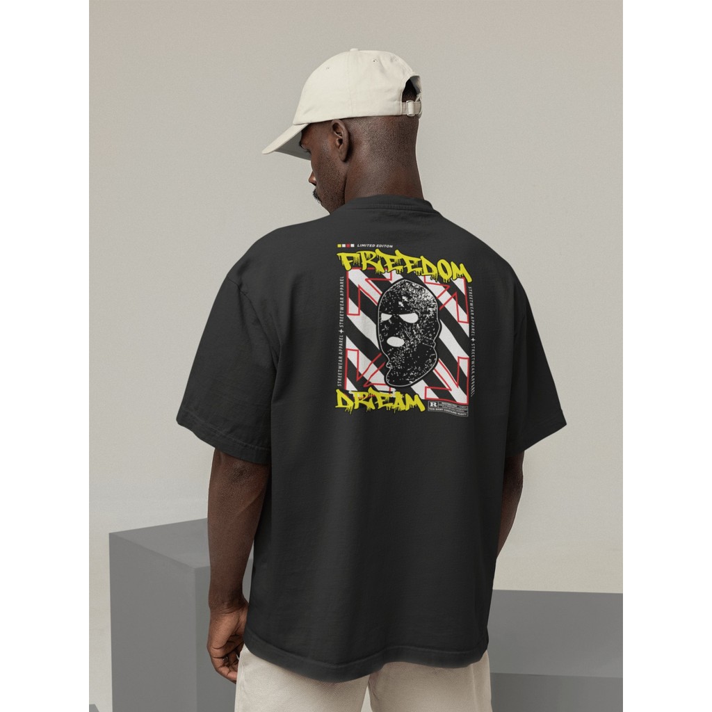Camisa Camiseta Oversized Streetwear Masculino Urbano Treino Preto e Off Whte Estampado - Freedom