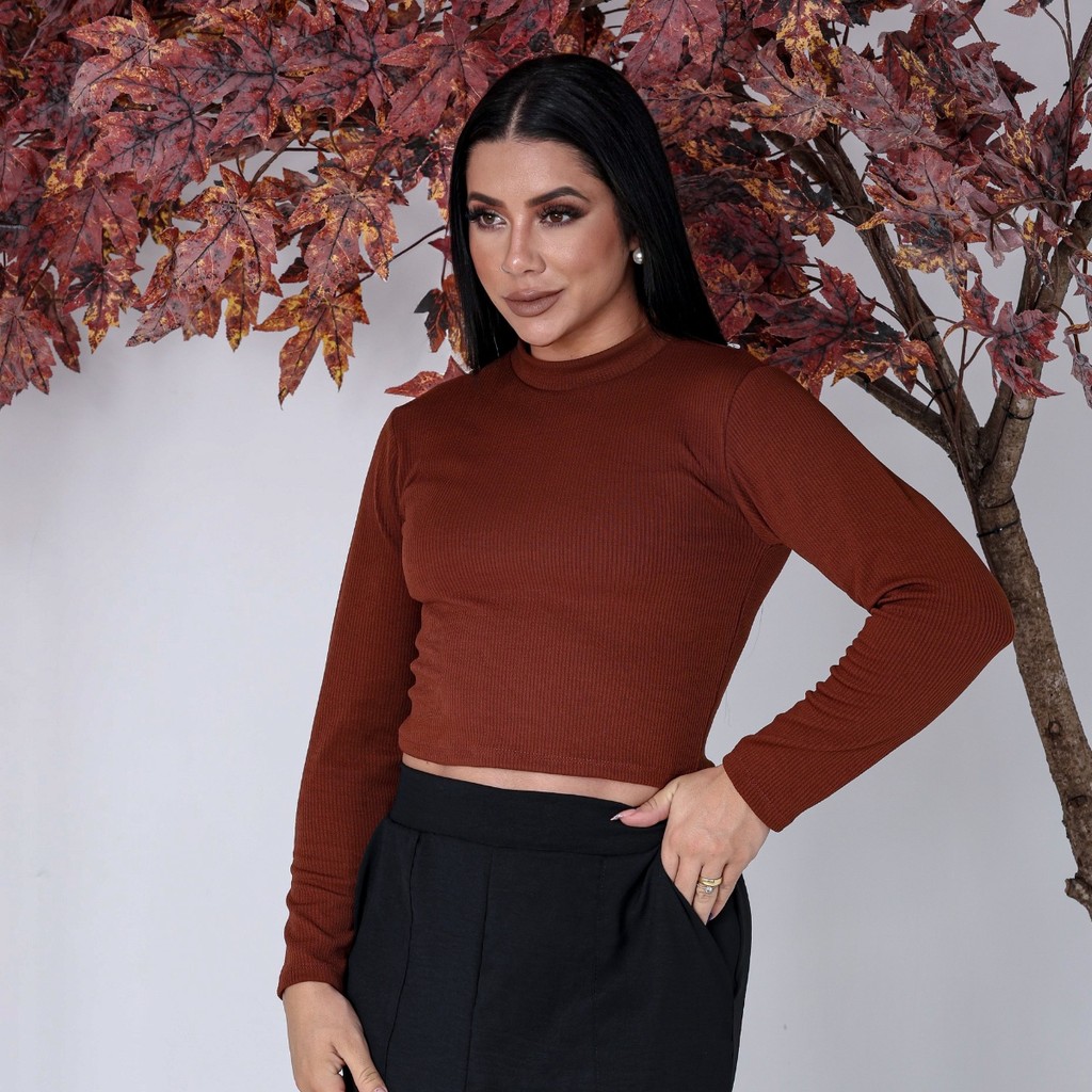 Blusa Cropped Feminino Manga Longa Gola Alta Cacharrel Tecido Premium Canelado