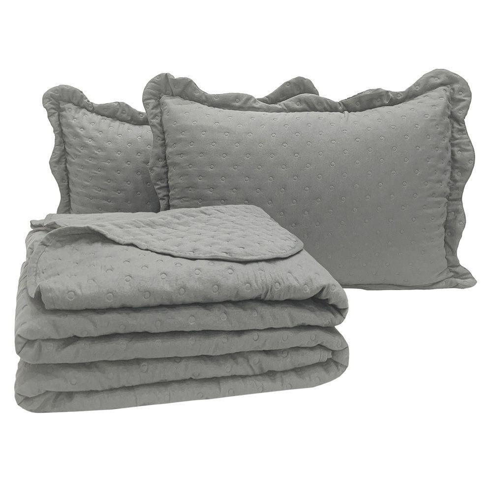 Kit Cobre Leito Colcha Perone Casal Padrão 3 Peças - Cinza