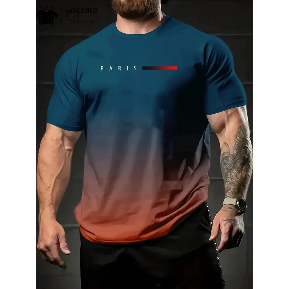 Verão Gradiente Impressão T Camisa Masculina Moda Gráfico Camisas 3D Roupas Masculinas Em Torno Do Pescoço Camisetas Par — imagem 1