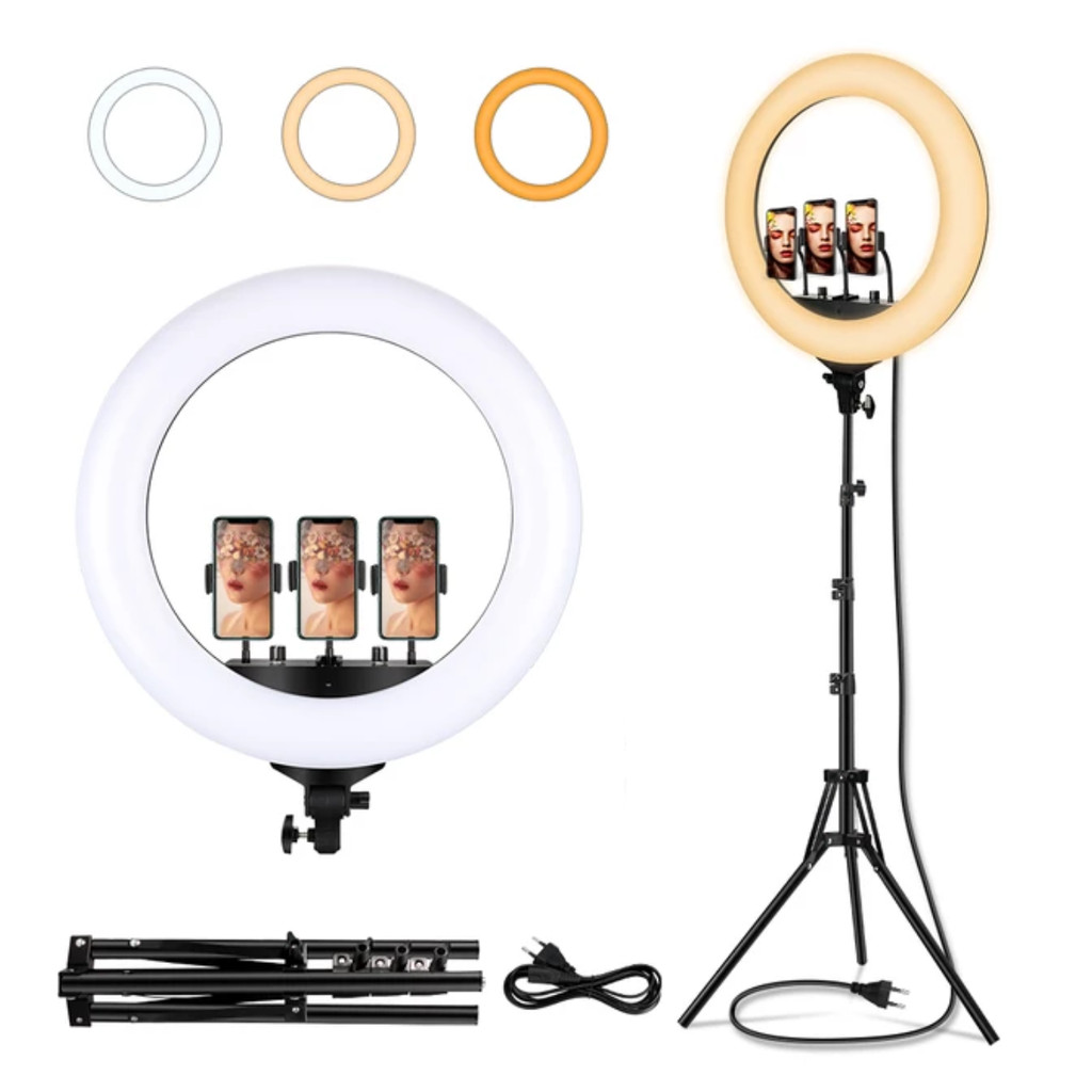 Iluminador Ring Light 18 Polegadas profissional + tripé 2,1m e 3 suportes de celular Super LED