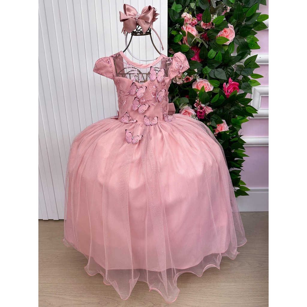 Vestido Vila Lele Longo Jardim Encantado Borboletas Rose
